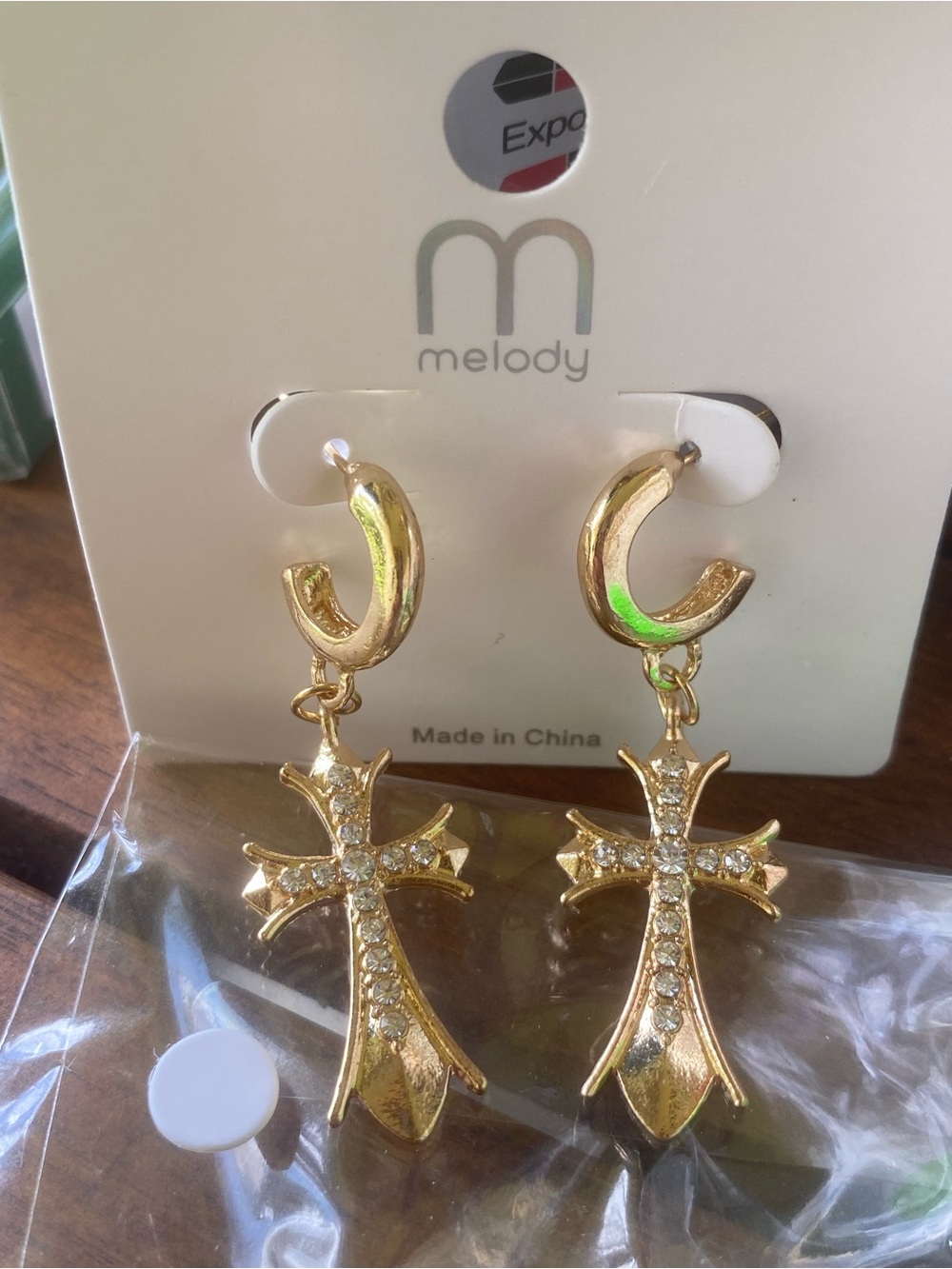 Gold Cross Drop Hoop Earrings - Sparkling Gold Tone